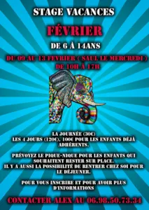 A colorful poster announcing a circus workshop during the February school holidays for children aged 6 to 14 in Saint-Junien. The image shows a stylized, multicolored elephant on a radiant blue background, with the dates February 9th to 13th and the hours