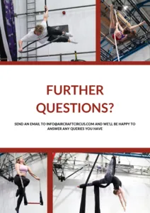 Letzte Seite des Flyers zum einmonatigen Kurs in Zirkuskunst mit Kontaktinformationen der AirCraft Circus Academy und Fotos von Künstlern in Aktion am Trapez und an den Luftseilen.