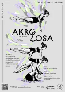 Affiche van het festival AKROLOSA Jaialdia à Tolosa bevat drie figuren uit acroyoga in zwart en wit op een abstract groen en violet, met de data van 24 tot 26 april en de vermelding Akroyoga + Zirkua.