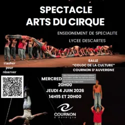 Un gruppo di studenti artisti si esibisce sul palco; ascensori e formazioni umane sotto le luci del teatro.