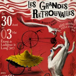 Rotes, künstlerisches Plakat, das eine traumhafte Zirkusatmosphäre mit riesigen Händen, die ein Akrobatikfahrrad steuern, und einer Figur in einem gelben Kostüm darstellt.