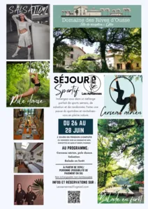 Eine Tänzerin übt Salsa und verdeutlicht damit die dynamische Atmosphäre des Sportcamps. Das von Bäumen umgebene Domaine des Rives d'Ousse ist der Standort des Naturcamps in der Region Landes. Am Wochenende wird Pole Dance im Freien als Aktivität ange