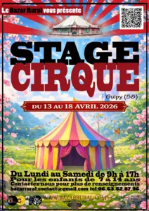 Buntes Plakat für ein Kinderzirkuslager mit dem Titel „Circus Camp“ in Guipy, mit einem mehrfarbigen Zirkuszelt in einer blühenden Frühlingskulisse, auf dem die Daten vom 13. bis 18. April 2026 und die Zeiten von 9 bis 17 Uhr angegeben sind.