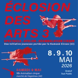 Les informations principales indiquent un événement de cirque itinérant dans les Landes du 8 au 10 mai 2026, avec animations, ateliers et spectacle final gratuit.