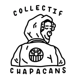 Schwarz-weißes Logo des Chapacans-Kollektivs, das eine von hinten gesehene, vermummte Figur mit einem kreisförmigen Emblem auf dem Rücken und dem Namen des Kollektivs darstellt.