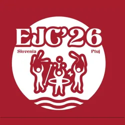 Offizielles Logo der Europäischen Jonglierkonferenz 2026 in Ptuj, Slowenien, das drei stilisierte Jongleure auf weißem und rotem Hintergrund mit den Wörtern „EJC'26“, „Slowenien“ und „Ptuj“ zeigt.