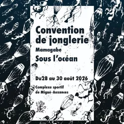 Offizielles Plakat für die Mamagabe Jonglierkonvention 2026 mit dem Thema „Unter dem Ozean“, die vom 28. bis 30. August 2026 in Migné-Auxances bei Poitiers stattfand. Das Bild zeigt einen dunklen Meeresgrund voller stilisierter Quallen, die den Titel der