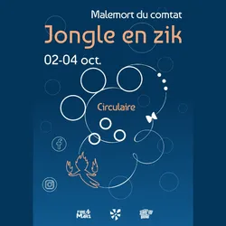 Offizielles Plakat für die Jonglier-Convention Jongle en Zik 2026 in Malemort-du-Comtat. Vor nachtblauem Hintergrund illustrieren mehrere Kreise das Thema „Kreisförmig“. Die Daten vom 2. bis 4. Oktober sind mit einem Bild hervorgehoben, das an Jonglieren