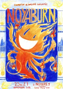 Eine farbenfrohe Illustration zeigt ein lächelndes Feuerwesen, das verschiedene brennende Requisiten (Stab, Poi und Reifen) manipuliert. Das Poster kündigt die 5. Ausgabe der Noyaburn-Feuerjonglier-Convention an, die vom 25. bis 27. September 2026 in der 