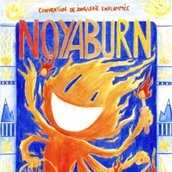 Eine farbenfrohe Illustration zeigt ein lächelndes Feuerwesen, das verschiedene brennende Requisiten (Stab, Poi und Reifen) manipuliert. Das Poster kündigt die 5. Ausgabe der Noyaburn-Feuerjonglier-Convention an, die vom 25. bis 27. September 2026 in der