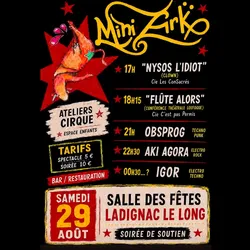 Offizielles Plakat für MiniZirK 2026 mit dem vollständigen Programm des LimouZirk-Unterstützungsabends mit Zirkusworkshops, Shows, Konzerten und Unterhaltung in Ladignac-le-Long.