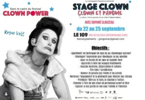 Plakat für den professionellen Workshop „Clown und Parodie“, der im Rahmen des Clown Power 2026 Festivals in Nizza stattfand. Das Bild zeigt den Clown Rosie Volt in Schwarz-Weiß und informiert über den von Daphné Clouzeau geleiteten Workshop vom 22. bis 2