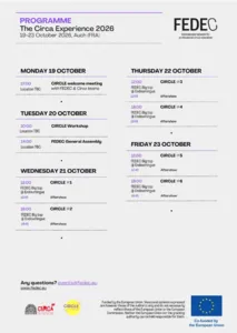 Offizielles Programm der Circa Experience 2026, die von FEDEC im Rahmen des CIRCA Festivals in Auch organisiert wird und die Workshops, die Generalversammlung und die sechs CIRCLE-Aufführungen vom 19. bis 23. Oktober 2026 präsentiert.