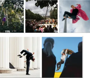 Zeitgenössische Zirkuskünstler präsentieren beim Festival Éclats de Cirque in Lyon vor einem Publikum unter freiem Himmel verschiedene akrobatische Disziplinen.