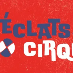 Offizielles Logo des Éclats de Cirque Festivals auf rotem Hintergrund mit moderner grafischer Gestaltung in Blau, Weiß und Türkis.