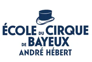 Logo der Zirkusschule Bayeux André Hébert mit einem stilisierten blauen Zylinder über dem Namen der Schule, Symbol für Zirkuskunst und Zirkusausbildung.
