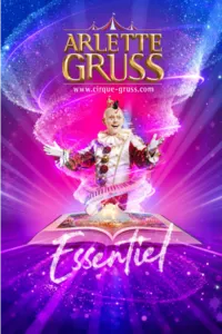 Offizielles Plakat für die Show „Essentiel“ von Cirque Arlette Gruss, das einen Clown zeigt, der inmitten violetter und rosa Lichteffekte aus einem Zauberbuch auftaucht und die Frankreich-Tournee 2026-2027 ankündigt.