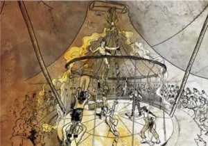 Eine handgezeichnete Illustration zeigt eine Manege unter einem Zirkuszelt, in der ein Akrobat über Künstlern und Musikern in der Luft seine Darbietung zeigt. Die Sepia- und Goldtöne erinnern an die Welt des traditionellen Zirkus, die in der zeitgenössisc