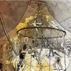 Eine handgezeichnete Illustration zeigt eine Manege unter einem Zirkuszelt, in der ein Akrobat über Künstlern und Musikern in der Luft seine Darbietung zeigt. Die Sepia- und Goldtöne erinnern an die Welt des traditionellen Zirkus, die in der zeitgenössisc