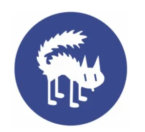 Het logo van het Balthazar Circus Arts Centre, een gestileerde witte kat in een blauwe cirkel, is de visuele identiteit van de circusschool in Montpellier.