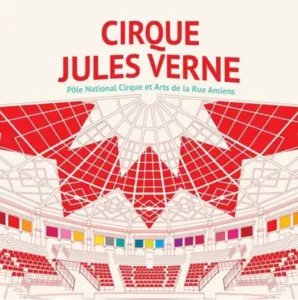 Logo van het Jules Verne Circus, het Nationaal Circus en Straatkunstencentrum van Amiens, met een illustratie van de interieurarchitectuur van het circus in rood.