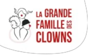 Logo of The Great Family of Clowns representing three stylized clown faces in black and red, accompanied by the name of the association on a white background.
