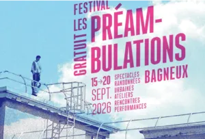 Poster for the 2026 Les Préambulations Festival in Bagneux showing a person standing on an urban structure with the festival title, the dates September 15-20, 2026, and the activities offered: shows, urban hikes, workshops, and meetings
