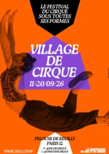 Official poster for the Village de Cirque #22 festival organized by La Coopérative De Rue et De Cirque. An acrobat is depicted balancing against a bright orange background, with the title "Village de Cirque", the dates September 11-20, 2026, and