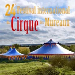 Poster for the 2026 Les Mureaux International Circus Festival announcing the 24th edition of the festival under the big top in Parc du Sautour, with international circus artists, acrobats, jugglers, trapeze artists and illusionists gathered for five perfo