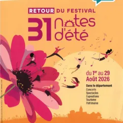 Orange and pink poster for the 31 Notes d'été 2026 Festival in Haute-Garonne, featuring a large pink flower around which several figures are dancing, with the dates from August 1st to 29th, 2026, and announcements of concerts, shows, exhibitions, and 