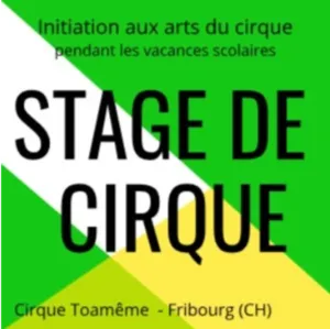 Poster for the Circus Workshop organized by Cirque Toamême in Fribourg, Switzerland. The image features a green, white, and yellow graphic background with the text "Circus Workshop," announcing an introduction to circus arts during the school ho