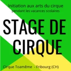 Poster for the Circus Workshop organized by Cirque Toamême in Fribourg, Switzerland. The image features a green, white, and yellow graphic background with the text "Circus Workshop," announcing an introduction to circus arts during the school ho