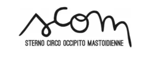 The SCoM Company logo is displayed on a white background. The name SCoM is represented by a stylized black typeface with continuous lines. Below the logo is the company's full name: Sterno Circo Occipito Mastoïdienne.