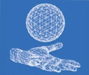 Illustration representing a hand supporting a geometric sphere, a symbol of Juggling Therapy® illustrating the links between brain, motor coordination, neuroplasticity and cognitive development.