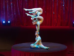 Three contortionists perform a spectacular three-tiered balancing act on a circular circus ring. The base artist sits on the ground in a split, while the second balances on one hand resting on her head. A third