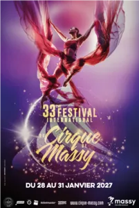 The official poster for the 33rd edition of the Massy International Circus Festival features an aerial artist suspended in long red veils floating around her. Illuminated by purple and pink light, she moves above a backdrop
