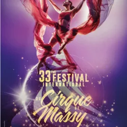 The official poster for the 33rd edition of the Massy International Circus Festival features an aerial artist suspended in long red veils floating around her. Illuminated by purple and pink light, she moves above a backdrop