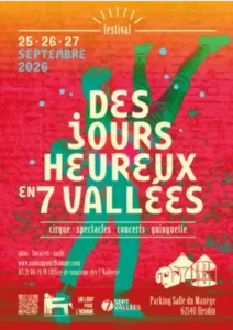 Official poster for the Festival Des Jours Heureux 2026 announcing the dates of September 25, 26 and 27, 2026 in Hesdin-la-Forêt with a colorful illustration of an acrobat and the disciplines offered: circus, shows, concerts and guinguette.