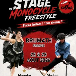 Official poster for the freestyle unicycle camp organized in Brumath on August 22nd and 23rd, 2026. The image features Japanese champions Mayuko Kogi and Shuhei Kawai demonstrating their unicycles. Camp fees and information are available.