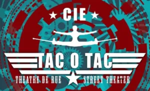 Official visual of the Tac O Tac Company with its red and blue logo representing an artist doing the splits on stilts, accompanied by the words "Street Theatre" and "Street Theater".
