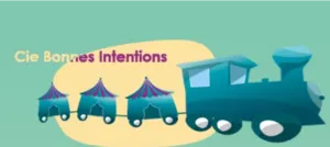 Graphic illustration representing a small train composed of a locomotive and wagons shaped like circus tents, used as the visual for the Compagnie Bonnes Intentions.