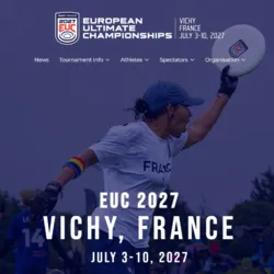 Official visual of the European Ultimate Championships 2027 showing a French player performing a disc reception with the official logo of the competition and the dates of July 3 to 10, 2027 in Vichy.