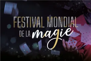 Official visual of the World Magic Festival showing a magician making playing cards fly in a dark and bright setting, with the event logo in the foreground.