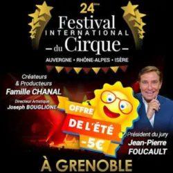 Officiële poster voor de 24e editie van het Internationale Circusfestival Auvergne-Rhône-Alpes Isère 2026, met het festivallogo tegen een achtergrond van een verlicht podium, een trofee in de vorm van gouden sterren en een portret van Guy Chanal, die het