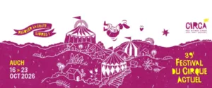 Officiële illustratie van het 39e CIRCA 2026 Festival voor Hedendaags Circus in Auch, met diverse circustenten in een paars landschap. De festivaldata zijn van 16 tot en met 23 oktober 2026.