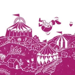 Officiële illustratie van het 39e CIRCA 2026 Festival voor Hedendaags Circus in Auch, met diverse circustenten in een paars landschap. De festivaldata zijn van 16 tot en met 23 oktober 2026.