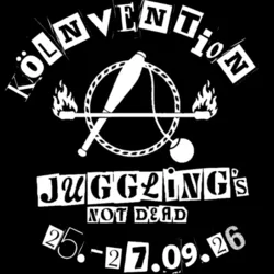 Logo noir et blanc de Kölnvention 2026 représentant un cerceau, une massue de jonglage, une balle et une torche enflammée avec le slogan 