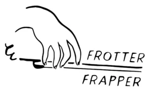 Het logo van het bedrijf Frotter | Frapper, dat een hand voorstelt die de snaren van een cello bespeelt.