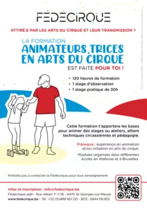 Affiche promotionnelle colorée de la formation FAAC 2025-2026 proposée par la Fédécirque, illustrant un.e formateur.trice avec un enfant en train de jongler, mettant en avant les dates, les modules, et les conditions d’inscription pour devenir animateur·t