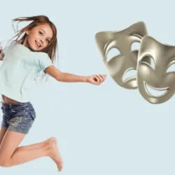 Enfant sautant à côté de deux masques de théâtre – illustration de l’atelier de cirque pour enfants de 7 à 12 ans proposé par Apprends & Rêve à Paris en 2026-2027.